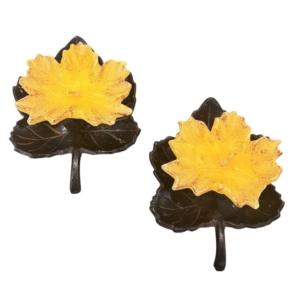 Pair Of Heavy Leaf Candle Holders/dishes fall And Pair Of Leaf Candles